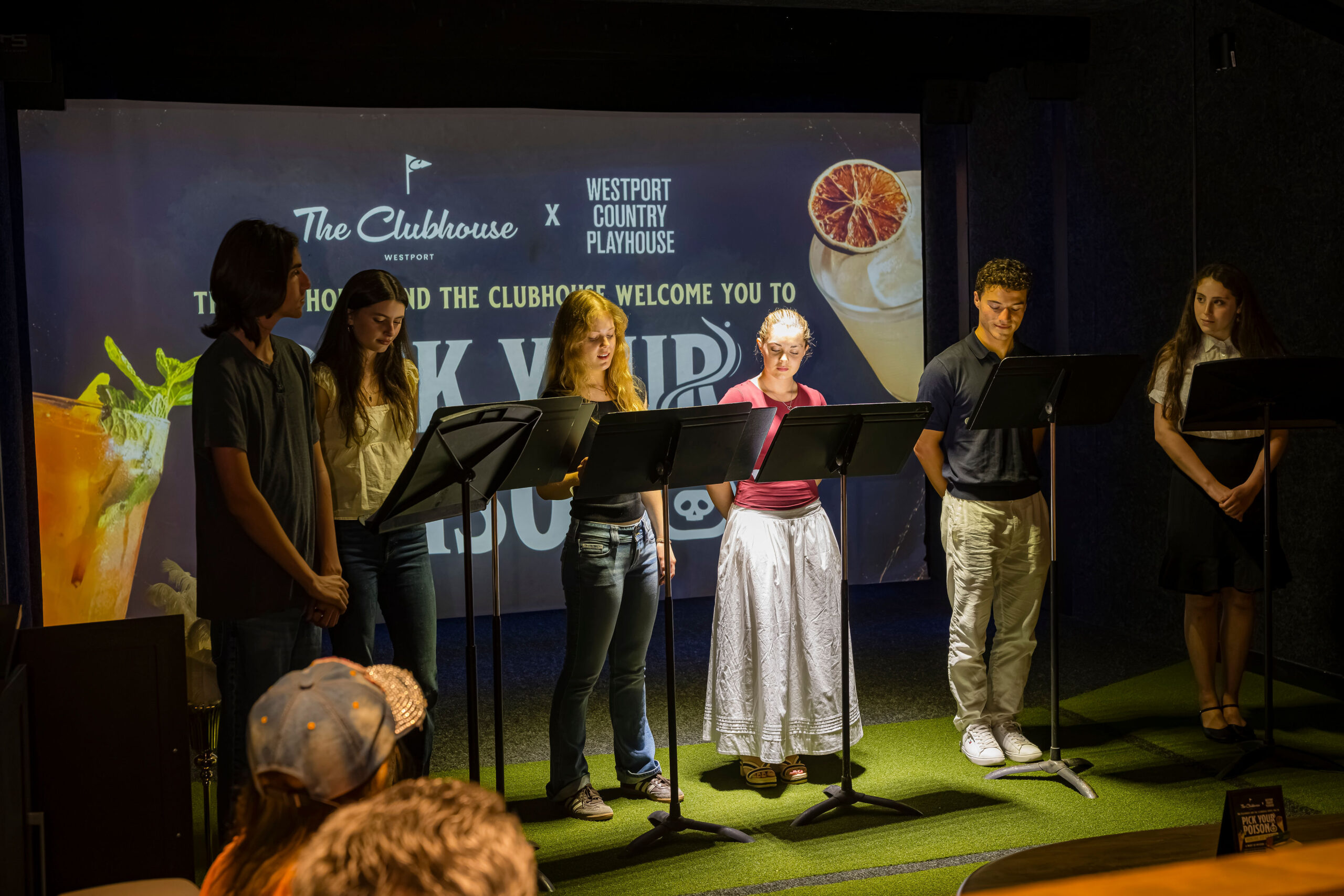 The student players: Soren Honarvar, Caroline Santos Goodall, Milana Melnick, Lyla McEntee, Ben Zack, and Evelyn Dolcetti