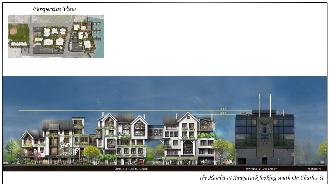 This rendering shows that five-story structures would be almost as tall as the office tower at 23 Charles St.