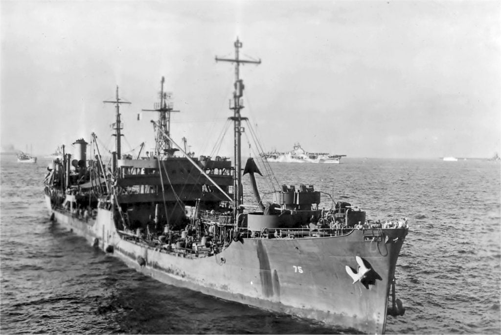 The USS Saugatuck, a Navy oiling replenishment tanker named for a river that runs though Westport, saw action in several South Pacific campaigns in World War II. / Photo courtesy navsource.org.