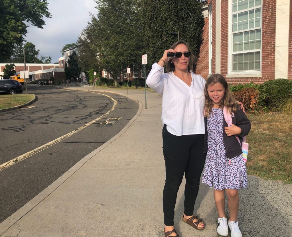Sophia Farquhar, 9 will be a fourth-grader at Saugatuck Elementary School. Her mom, Michaela, dropped her off Tuesday morning. / Photo by Thane Grauel