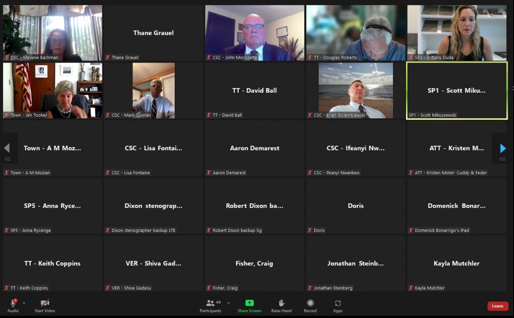 A screenshot of Tuesday evening's Connecticut Siting Council public hearing on the plan to erect a 124-foot cell tower at 92 Greens Farms Road.