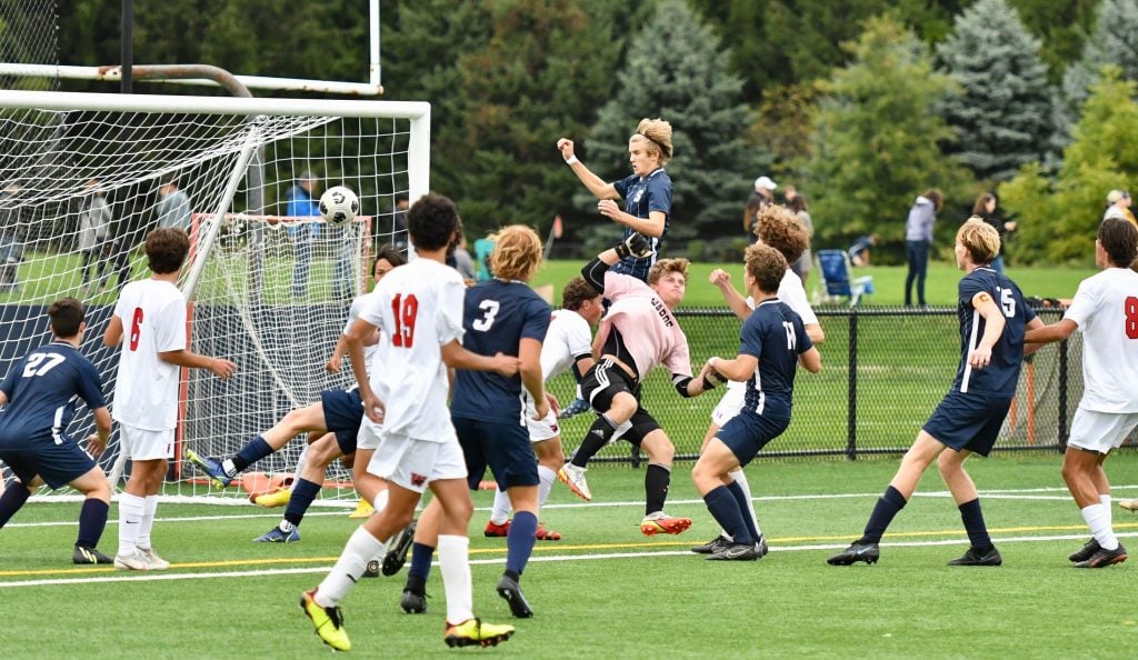 This Fairfield Warde foul on Santi Alfageme led to Staples’ first penalty kick–Photo Mark Sikorski