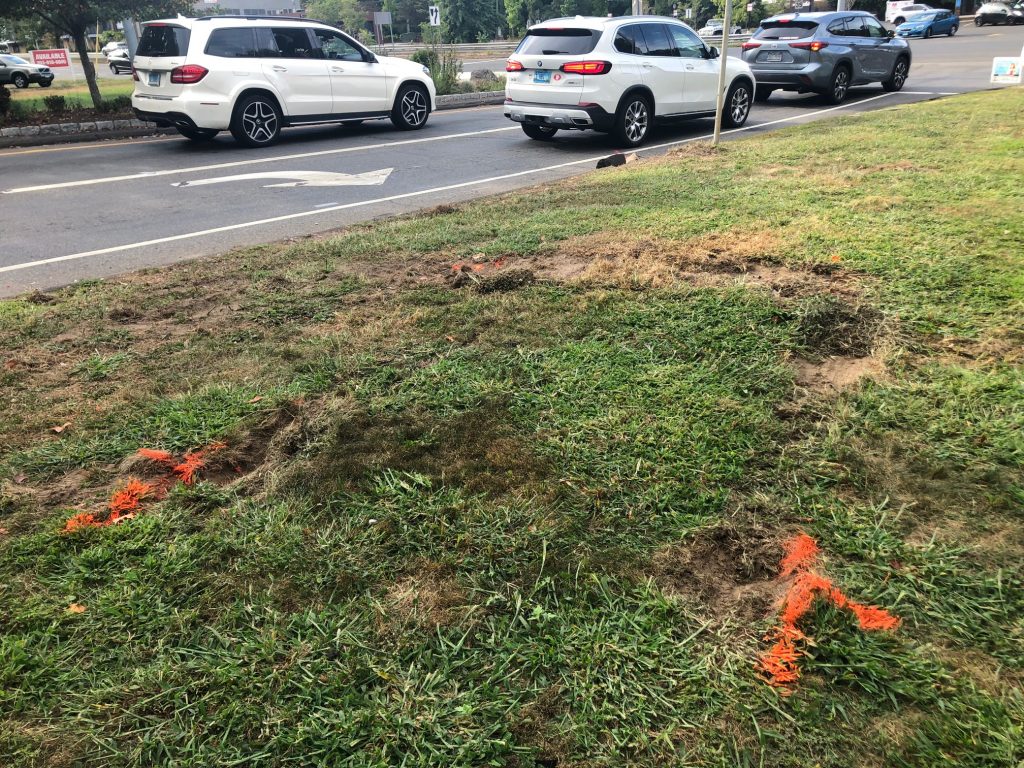 The car that rolled over at the north end of the Sherwood Island Connector on Thursday night appears to have veered off Post Road East. It came to rest on a grassy area between the road and the Walgreen's parking lot. / Photo by Thane Grauel.