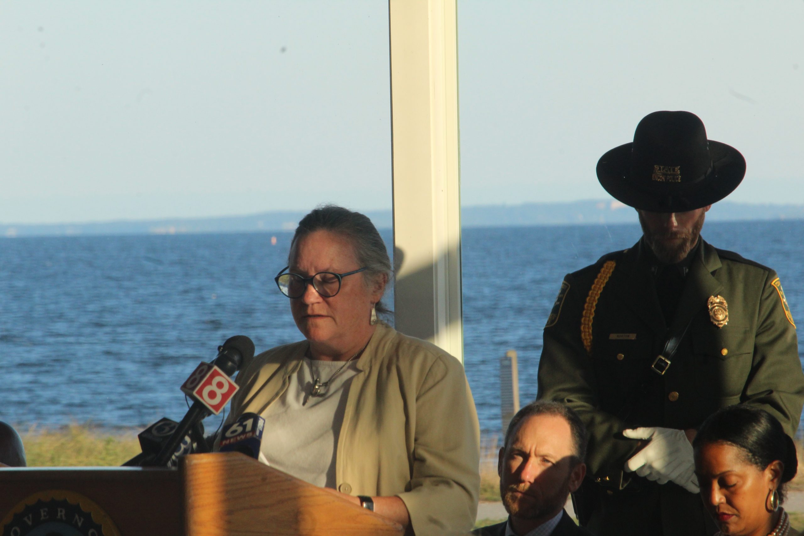 Barbara Theurkauf, the sister of Thomas Theurkauf, speaks at the Sept. 11 remembrance ceremony on Thursday. / Photo by Thane Grauel.