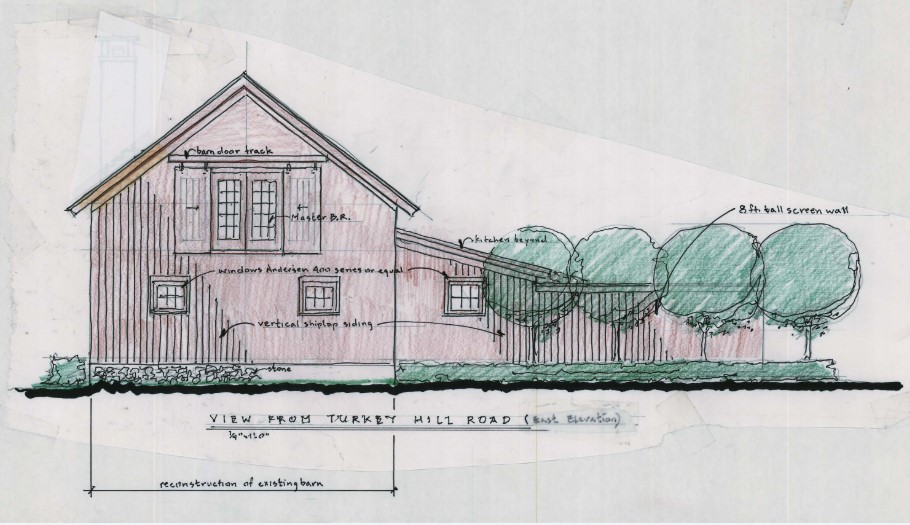 The architect's vision of the repurposed barn, viewed from Turkey Hill South.