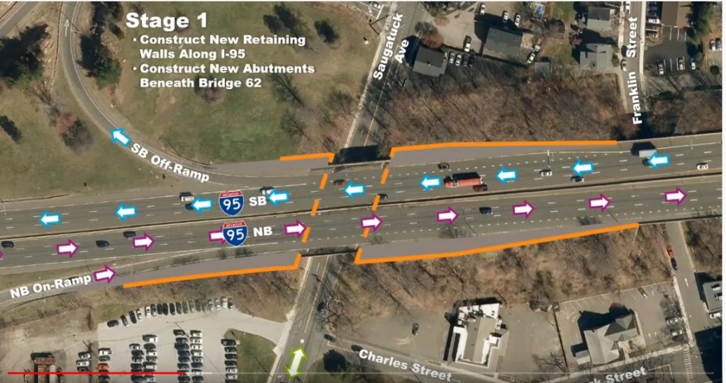 Solid orange lines denote retaining walls for a wider Interstate 95 around Exit 17 in Saugatuck. There have been no retaining walls on this stretch of the turnpike since it was built more than 60 years ago. / Connecticut Department of Transportation image.