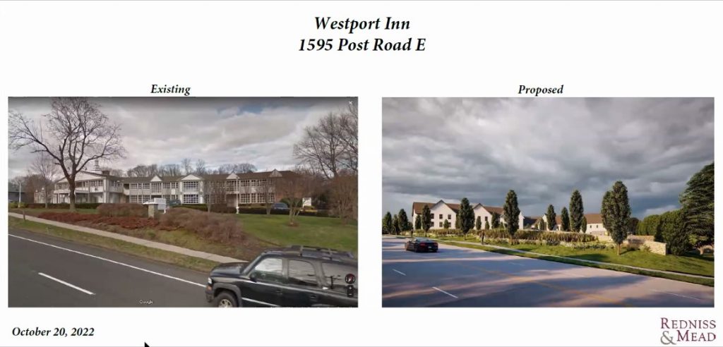 Before-and-after graphic for the Delamar hotel, which will replace the Westport Inn at 1595 Post Road East.