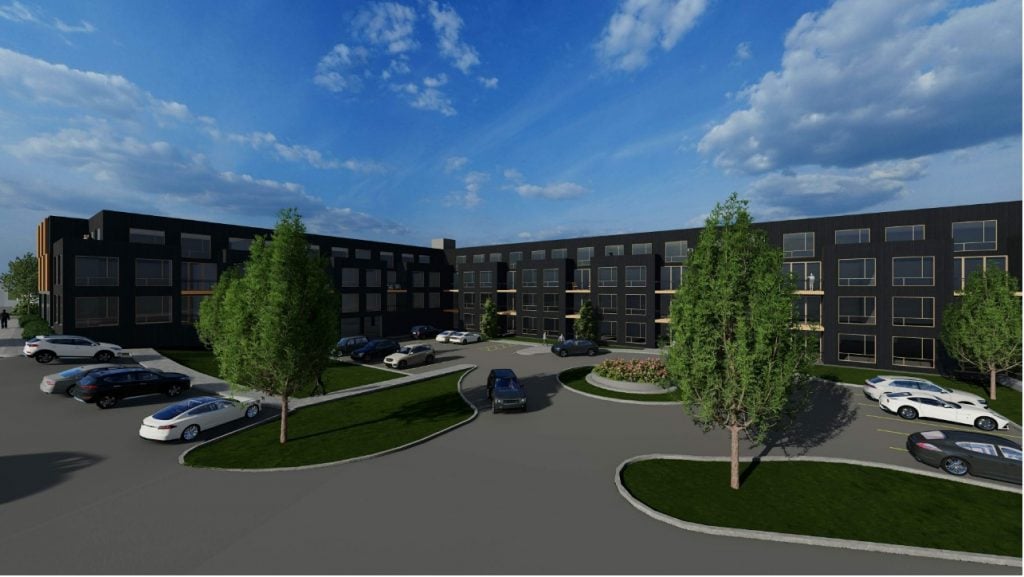 An architect's rendering of the four-story, mixed-use development planned on the Norwalk-Westport town line, using properties on Westport Avenue and Renzulli Road.