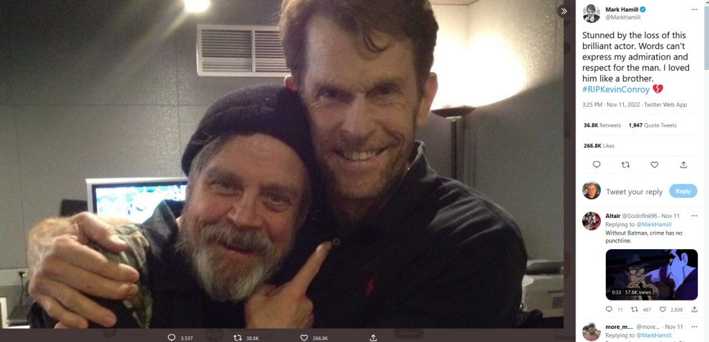 Mark Hamill and Kevin Conroy, longtime colleagues, in a screenshot from Twitter.