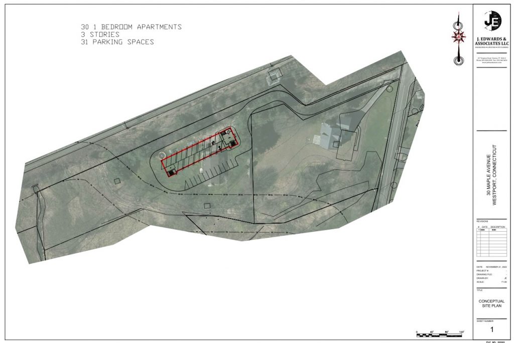 The conceptual site plan for an apartment complex of at least 30 units at 30 Maple Lane in Greens Farms. A developer seeking to build under the state's 8-30g affordable housing legislation has requested a pre-application review by the Planning and Zoning Commission.