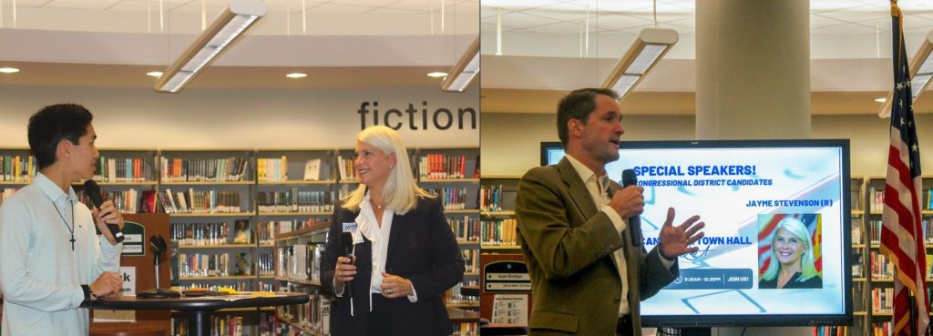 Fourth Congressional candidates Jayme Stevenson and incumbent Jim Himes at Staples High School. / Photo by Thane Grauel