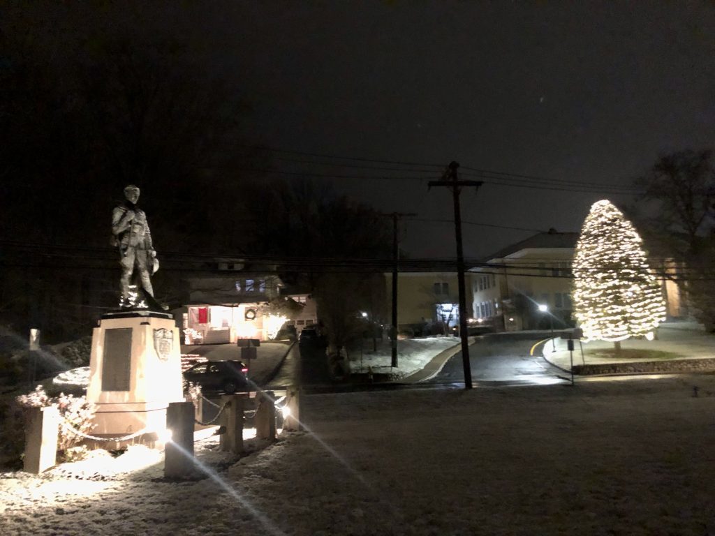 Veterans Green and Town Hall on a snowy Sunday night. / Photo by Thane Grauel