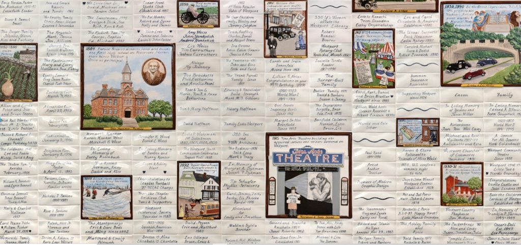 A portion of the River of Names mosaic that had a home in the previous library building overlooking the Saugatuck River. The library has announced it will not be welcomed back.