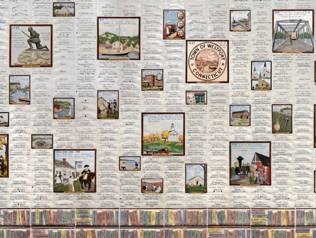 A portion of the River of Names mosaic that had a home in the previous library building overlooking the Saugatuck River. The library has announced it will not be welcomed back.