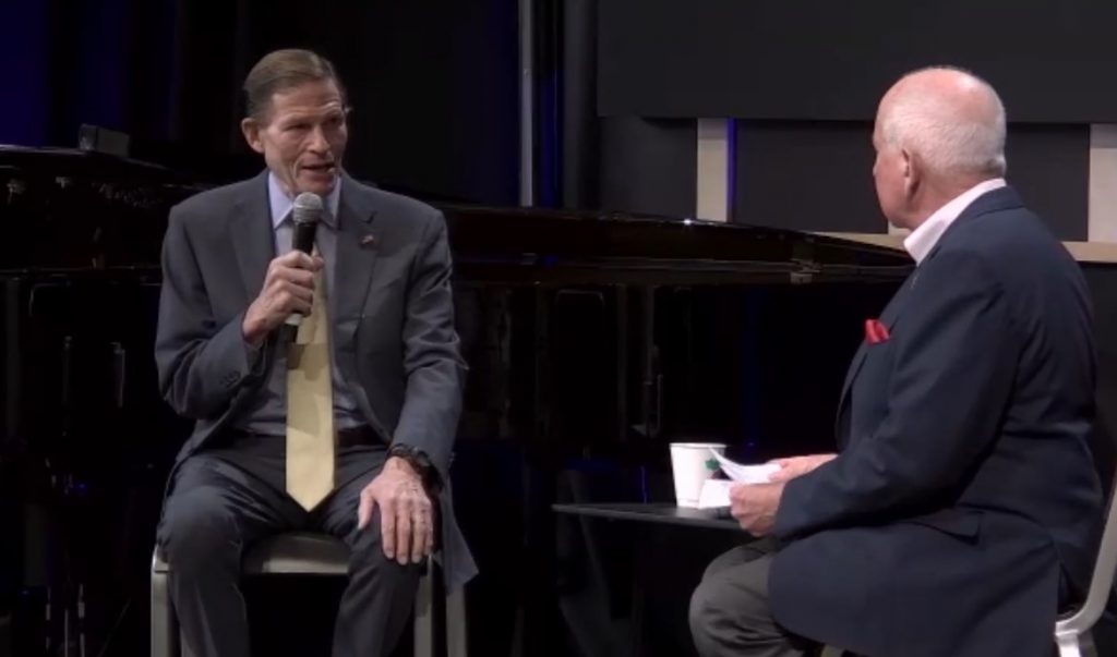 U.S. Sen. Richard Blumenthal during a Q&A with former First Selectman James Marpe at the Westport Library.