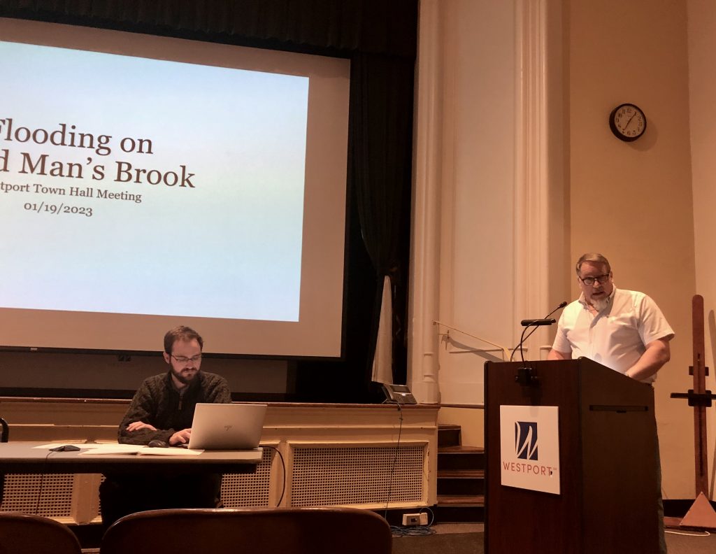 Town engineers Ted Gill, left, and Keith Wilberg, discuss flooding challenges from Deadman Brook. / Photos by Thane Grauel