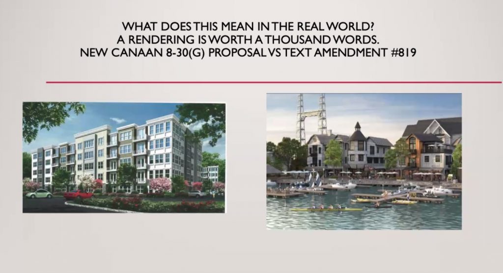 Images offered by P&Z Chairwoman Danielle Dobin showing a current 8-30g development in New Canaan, v. what she said Westport P&Z's text approval might bring instead.
