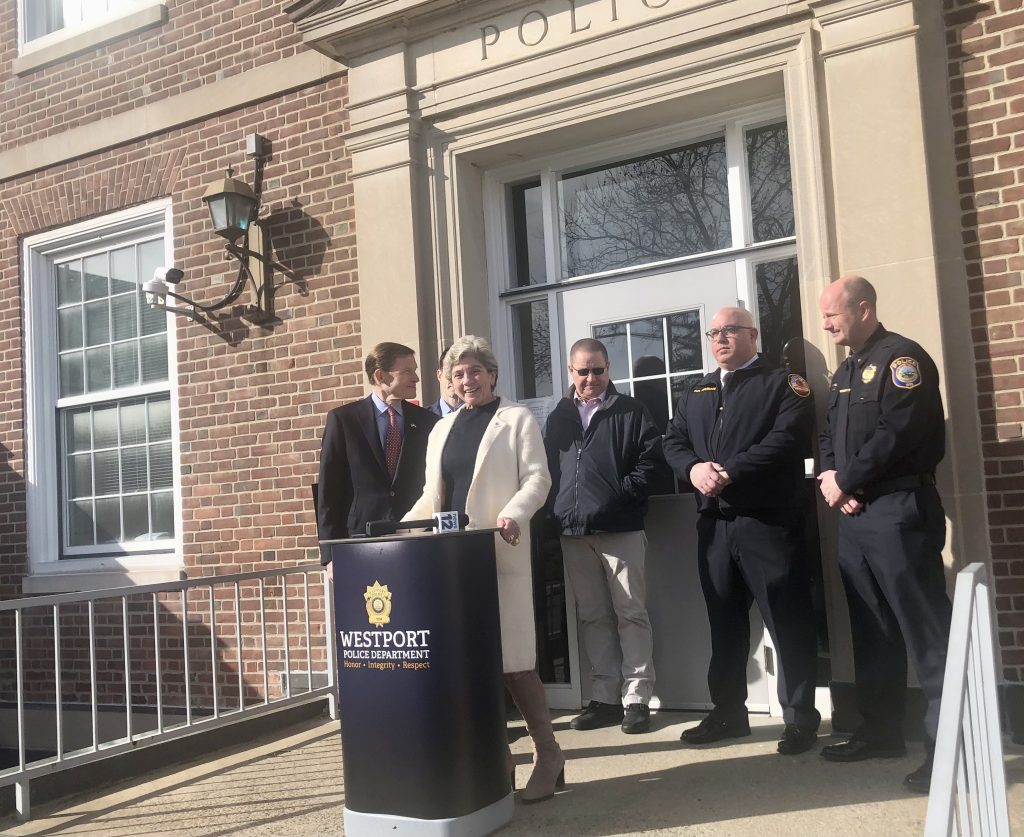 First Selectwoman Jennifer Tooker with U.S. Sen. Richard Blumenthal and others outside Police Headquarters. / Photo by Thane Grauel
