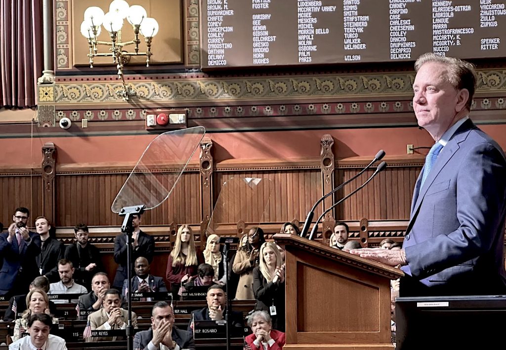 Gov. Ned Lamont outlines his proposed $50.5 billion, two-year budget to a joint session of the General Assembly on Wednesday