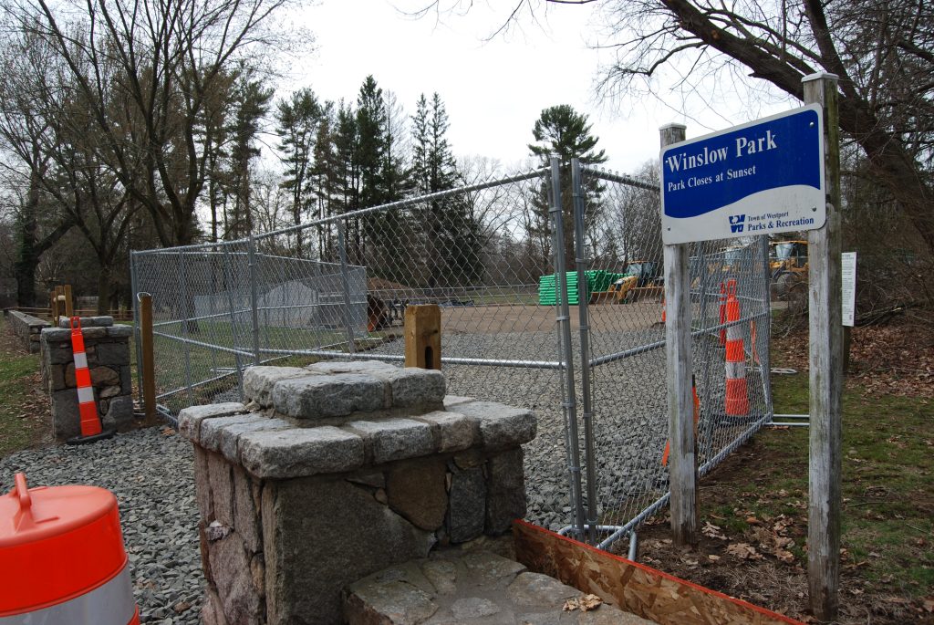 The staging area at Winslow Park for a major, nearby sewer extension project. / Photo by Doug Weber