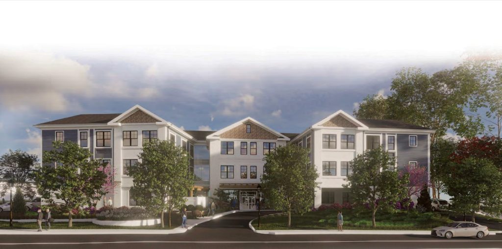 Renderings of the new memory care center at the corner of Burr Road and Post Road West.