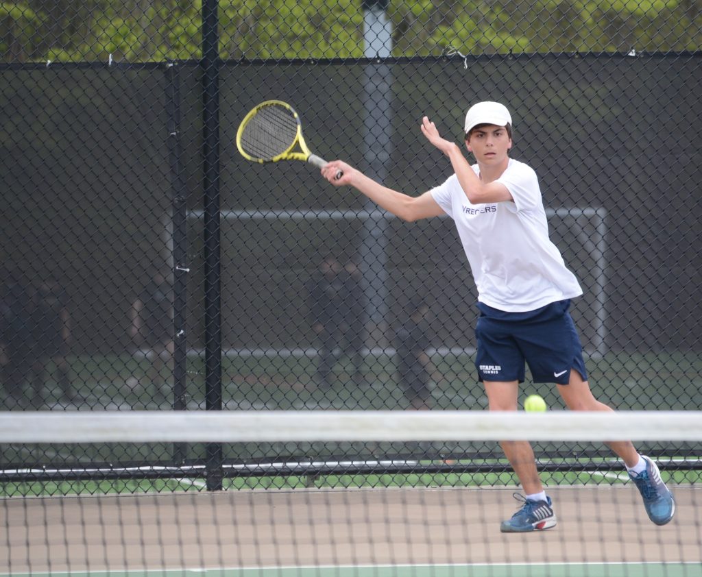 Alex Cozzolino won at fourth singles in Staples' 5-2 victory over host Trumbull on April 28. / Photo by Andy Hutchinson