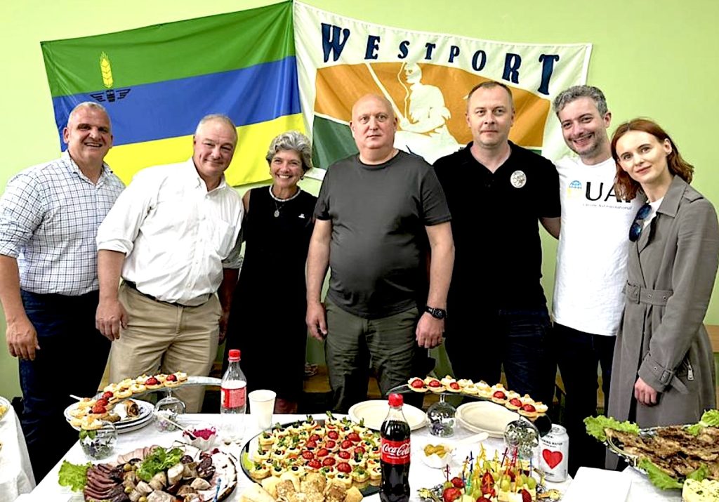 Gathering at a banquet for American officials visiting Ukraine on Sunday are, from left, Westport Police Chief Foti Koskinas, Easton First Selectman David Bindelglass, Westport First Selectwoman Jennifer Tooker, Lyman’s Mayor Alexander Zhuravlov and Police Chief Igor Ugnevenko, and Ukaine Aid International’s Brian Mayer and Liz Olegov.