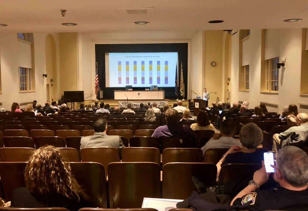 Board of Finance member Jim Foster presents the town-side budget for 2023-24 to the RTM. / Photo by Thane Grauel