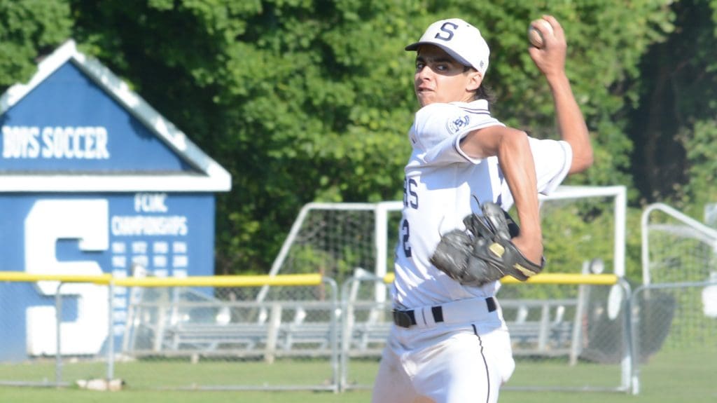 Chase Siegel threw a one-hit shutout in Staples’ 5-0 victory over Newtown in state playoff action Wednesday. / Photos by Andy Hutchison