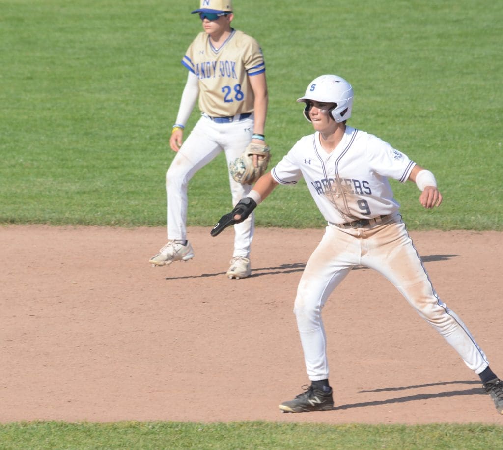 Jack Farnen leads off second base. Farnen singled, stole a base, reached base four times and scored two runs.