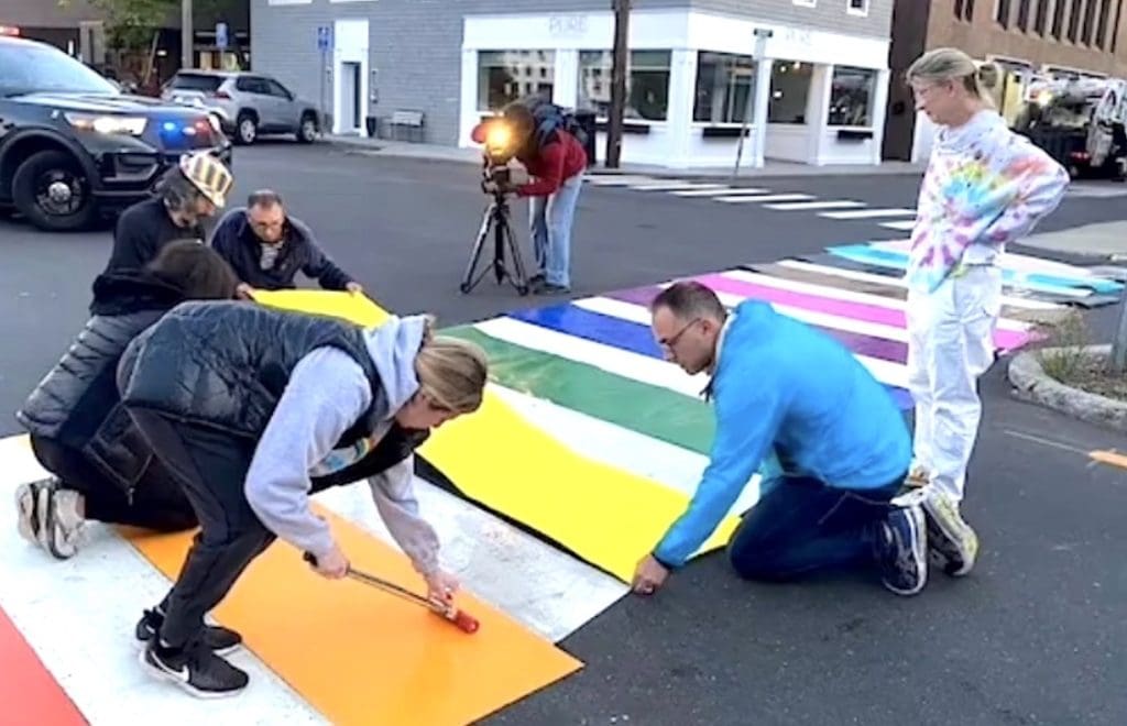 A rainbow crosswalk, at Jesup Road and Taylor Place, was temporarily installed June 1 in advance of the annual Westport Pride Celebration on Jesup Green.