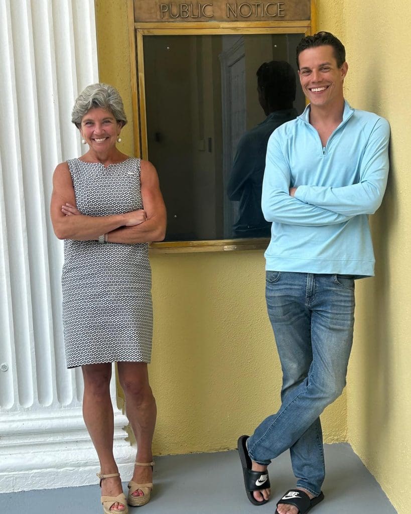 First Selectwoman Jennifer Tooker and Andrew Colabella next to the historic box used for public notices. / Town of Westport photo