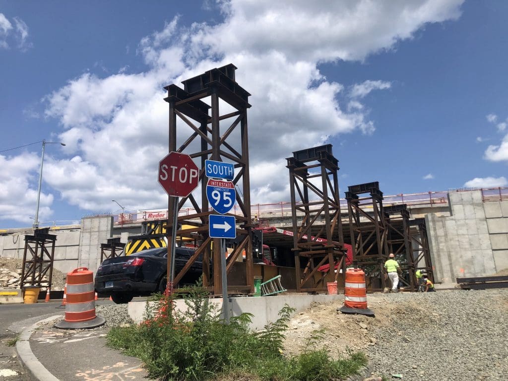 These upright structures will be used to support the old bridge as it's taken out of place.