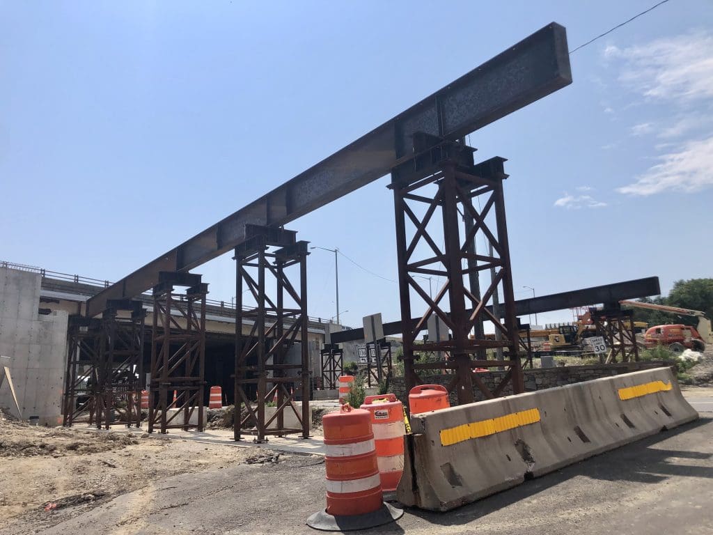 Vertical supports are in place for the new southbound I-95 span over Saugatuck Avenue.