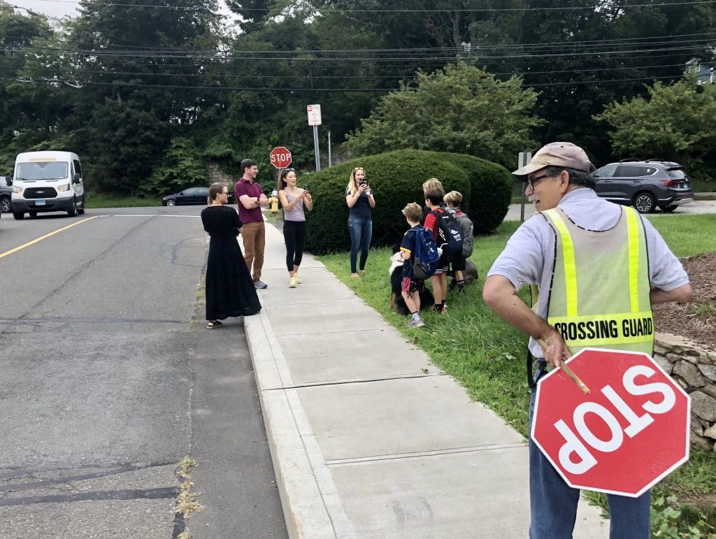 Photo time before crossing Burr Road for Kings Highway Elementary.
