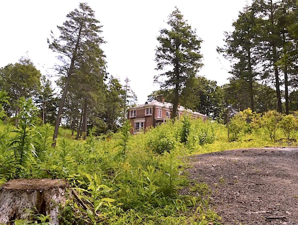 The “Golden Shadows” mansion on town-owned Baron’s South property, visible in top photo through overgrowth on the open space, is one of five buildings under consideration for renovation into affordable dwelling units by town officials.