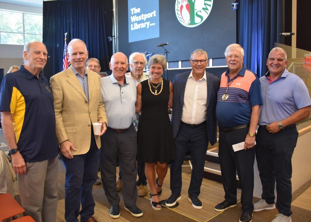 Dick Kalt, Doug Weber, Jim Marpe, Roy Fuchs, Jennifer Tooker, Geno Auriemma, Dewey Loselle and Foti Koskinas - Photo E. Bruce Borner