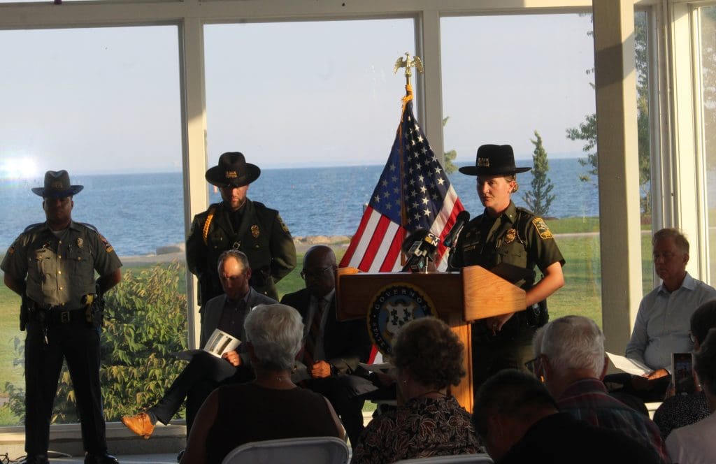 Connecticut State Environmental Conservation Police Officer Alexandra Blackwell helps read the names of those lost, including her father, Christopher J. Blackwell, an FDNY firefighter.