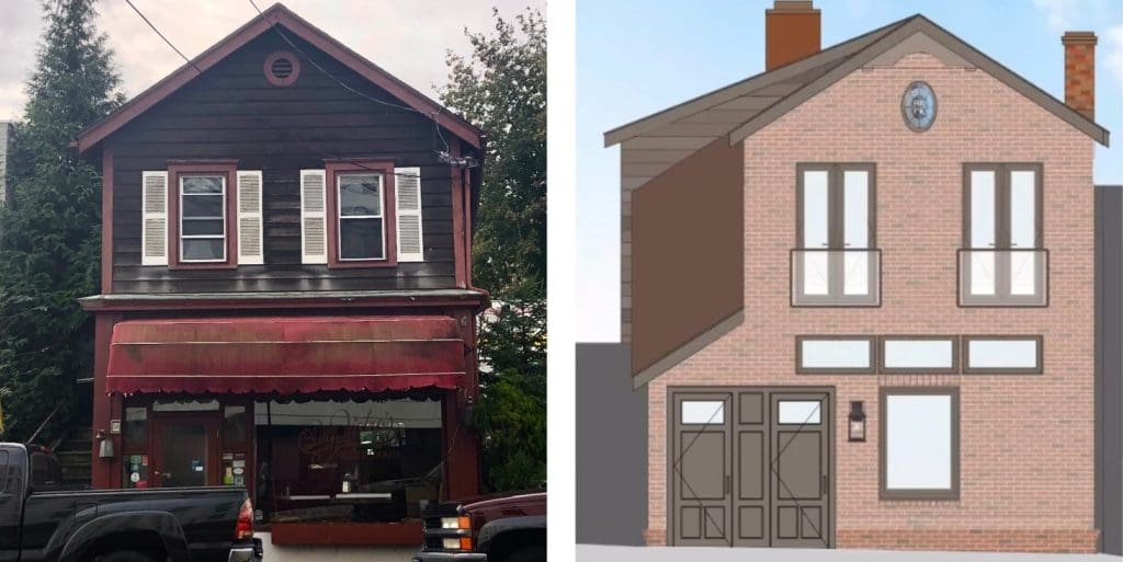 36 Riverside Ave. now and an architect's rendering of a new facade.