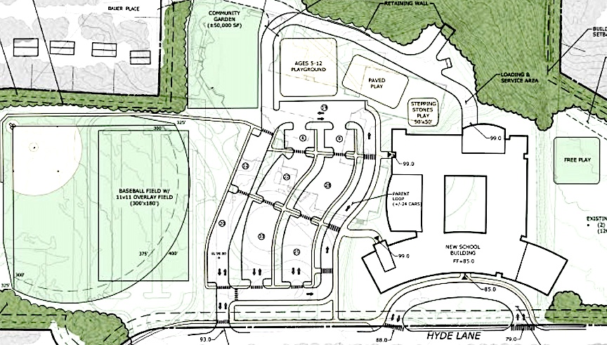 An architectural drawing of the site recommended for the new Long Lots Elementary School on Hyde Lane — the new school building is outlined at lower right, the new multi-purpose athletic field is at left, and the indicated site for the Westport Community Gardens has been removed.