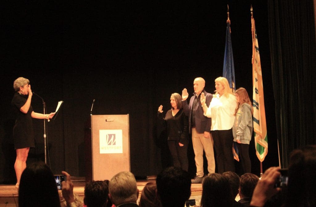 Board of Education members Lee Goldstein, Neil Phillips and Jill Dillon.