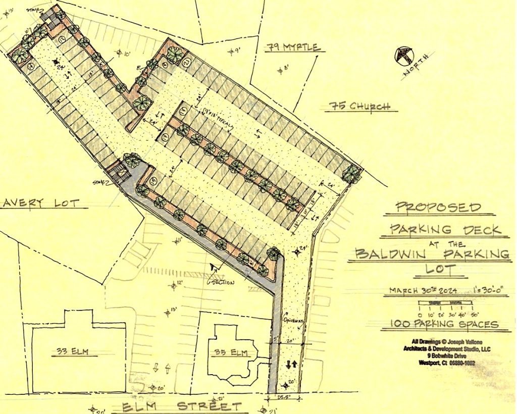 An aerial perspective of architect Joseph Vallone’s design for a 100-space parking deck over part of the Baldwin lot. Elm Street is at bottom of the sketch.