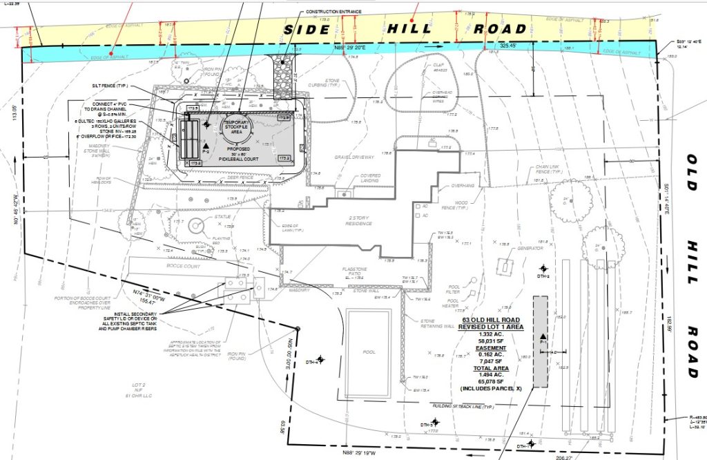 The dashed line between yellow and blue is 63 Old Hill Road's property line. The bottom of the blue is the edge of the road's pavement.