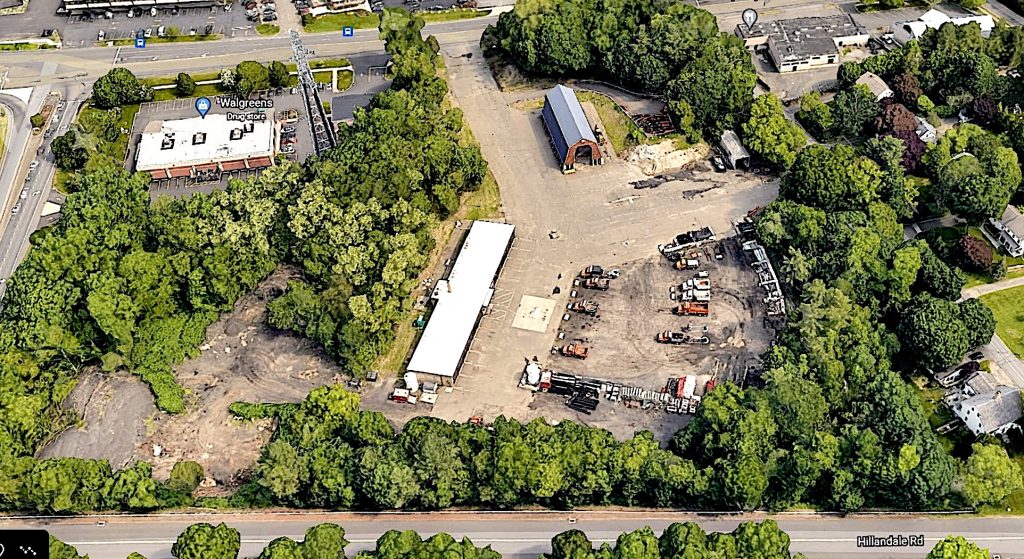 Aerial view of property as it now appears, with Post Road East at top, West Parish Road at right, Hillandale Road below and Sherwood Island Connector at left.