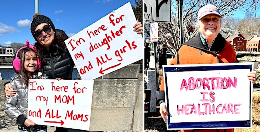 Photo at left: Christina Torres and daughter Kilee. Right: Bean Corcoran, a rally organizer.