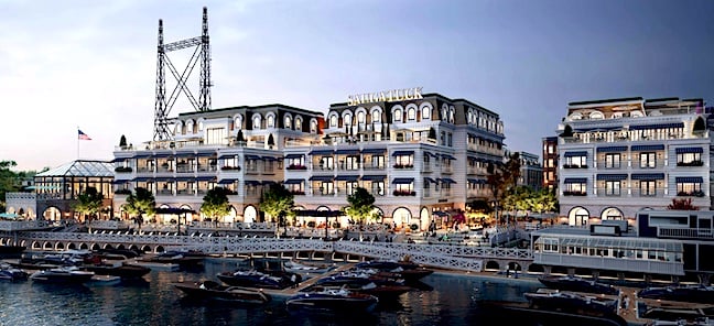 Renderings filed with the Planning and Zoning Commission for the proposed “Hamlet at Saugatuck,” by developer Roan Ventures, show a dramatically different vision for the area, with blocks of multi-story structures housing residential, commercial, hotel and marina uses.