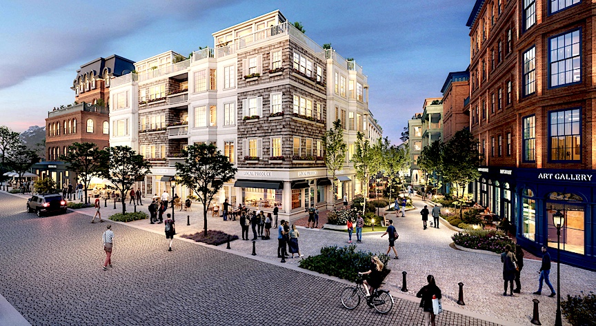 Renderings filed with the Planning and Zoning Commission for the proposed “Hamlet at Saugatuck,” by developer Roan Ventures, show a dramatically different vision for the area, with blocks of multi-story structures housing residential, commercial, hotel and marina uses.