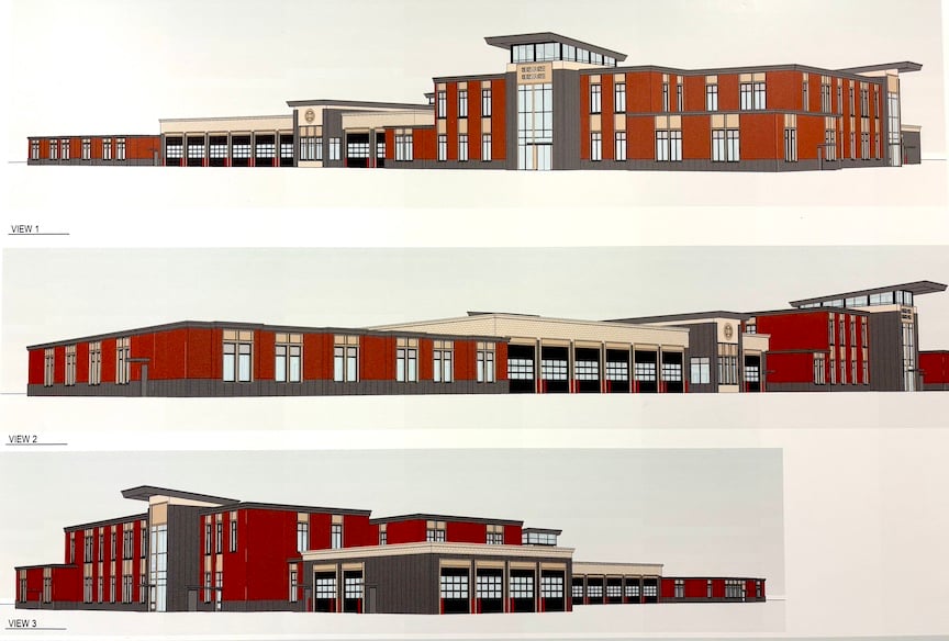 Conceptual renderings illustrate a plan, now in the feasibility stage, to consolidate police, fire and emergency medical services in one complex.