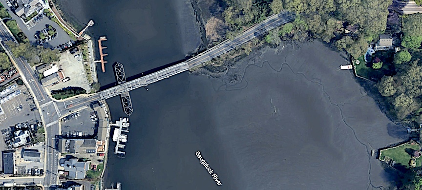 Aerial view of the 1884 swing bridge, spanning the Saugatuck River.