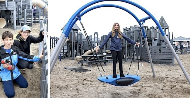Gray skies, sunny spirits as Compo playground rebuild winds up